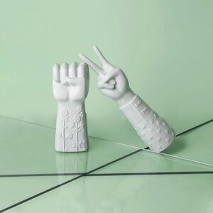 Jonathan Adler White Matte Ceramic Hand Peace Sign With Lucite Stand
